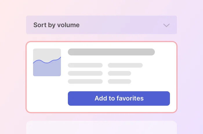 A keyword result card with a sort by volume menu and an Add to favorites button